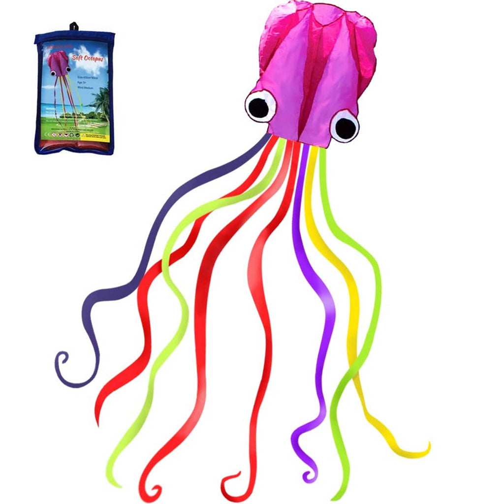 Octopus kite with pink-purple head and long multicolor ribbon tail, round eyes