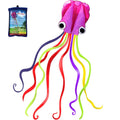 Octopus kite with pink-purple head and long multicolor ribbon tail, round eyes
