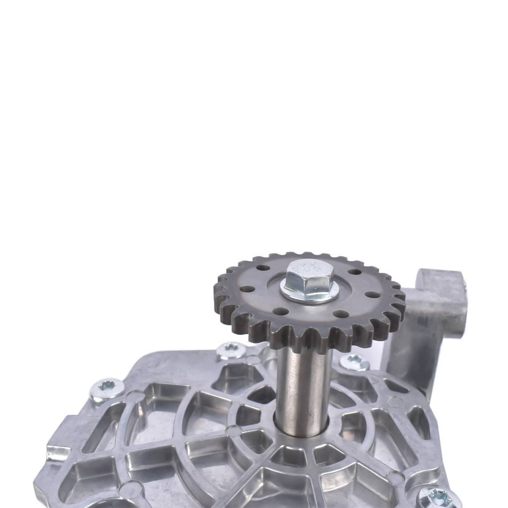 Metal oil pump with gear wheel and outlet port