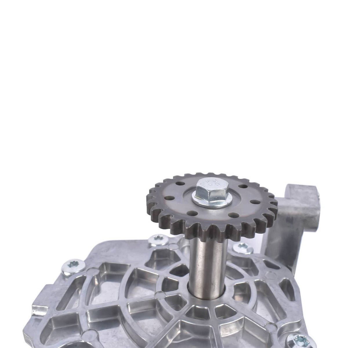 Metal oil pump with gear wheel and outlet port