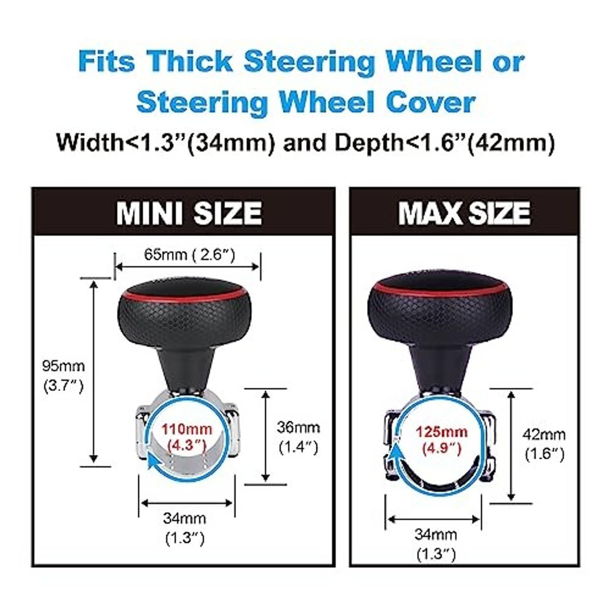 Steering wheel knob spinner size diagram showing mini and max fit dimensions