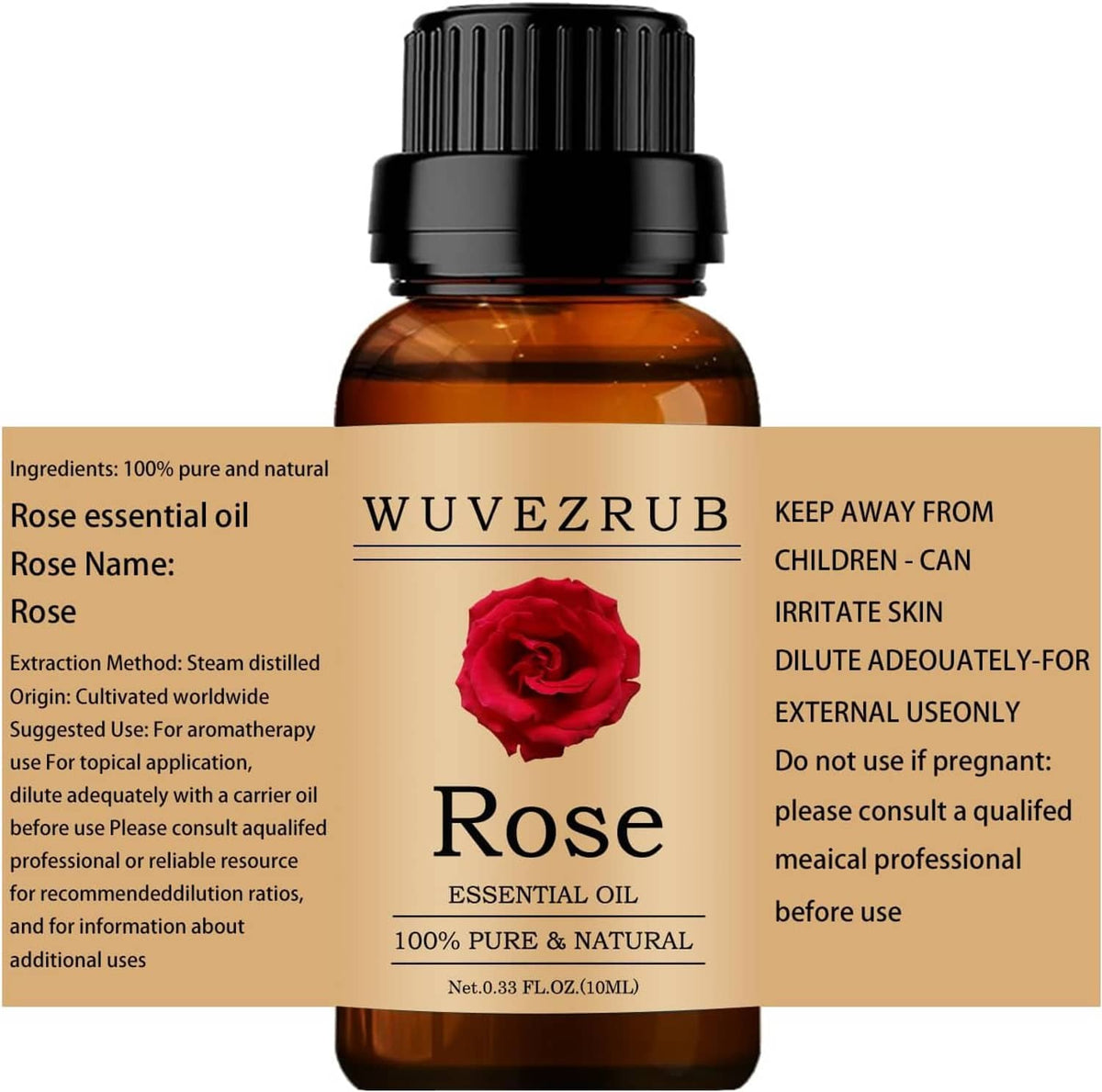 Rose essential oil bottle with ingredient and safety information panels on the sides.