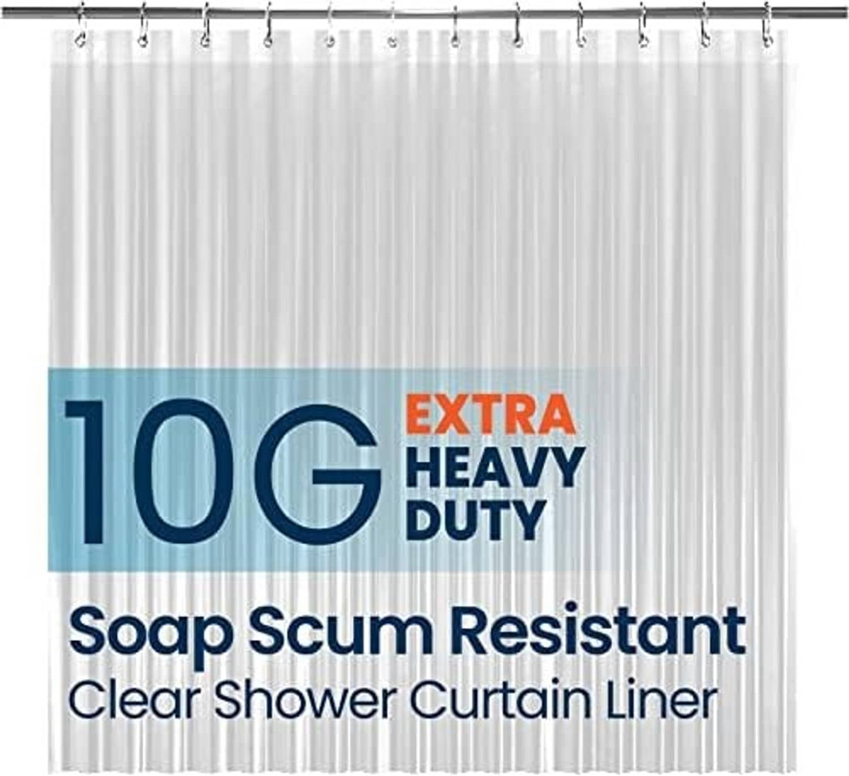 Clear shower curtain liner with top metal grommets, hanging folds