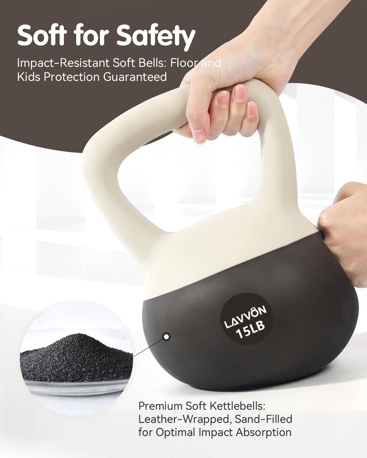 Soft kettlebell gripped by hand; cream handle and dark padded body, LAVVON 15LB