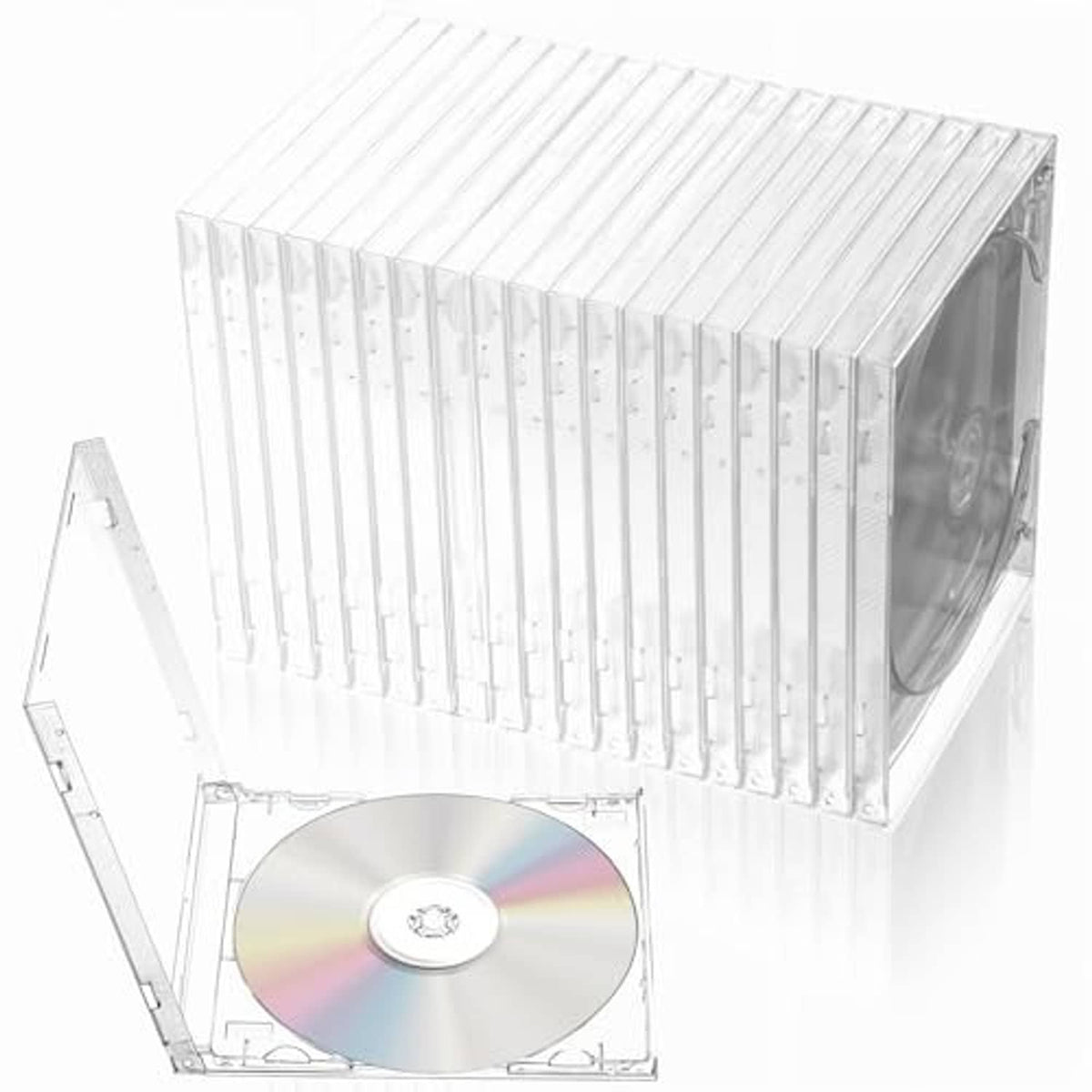 Stack of clear CD jewel cases with open lid and single-disc tray