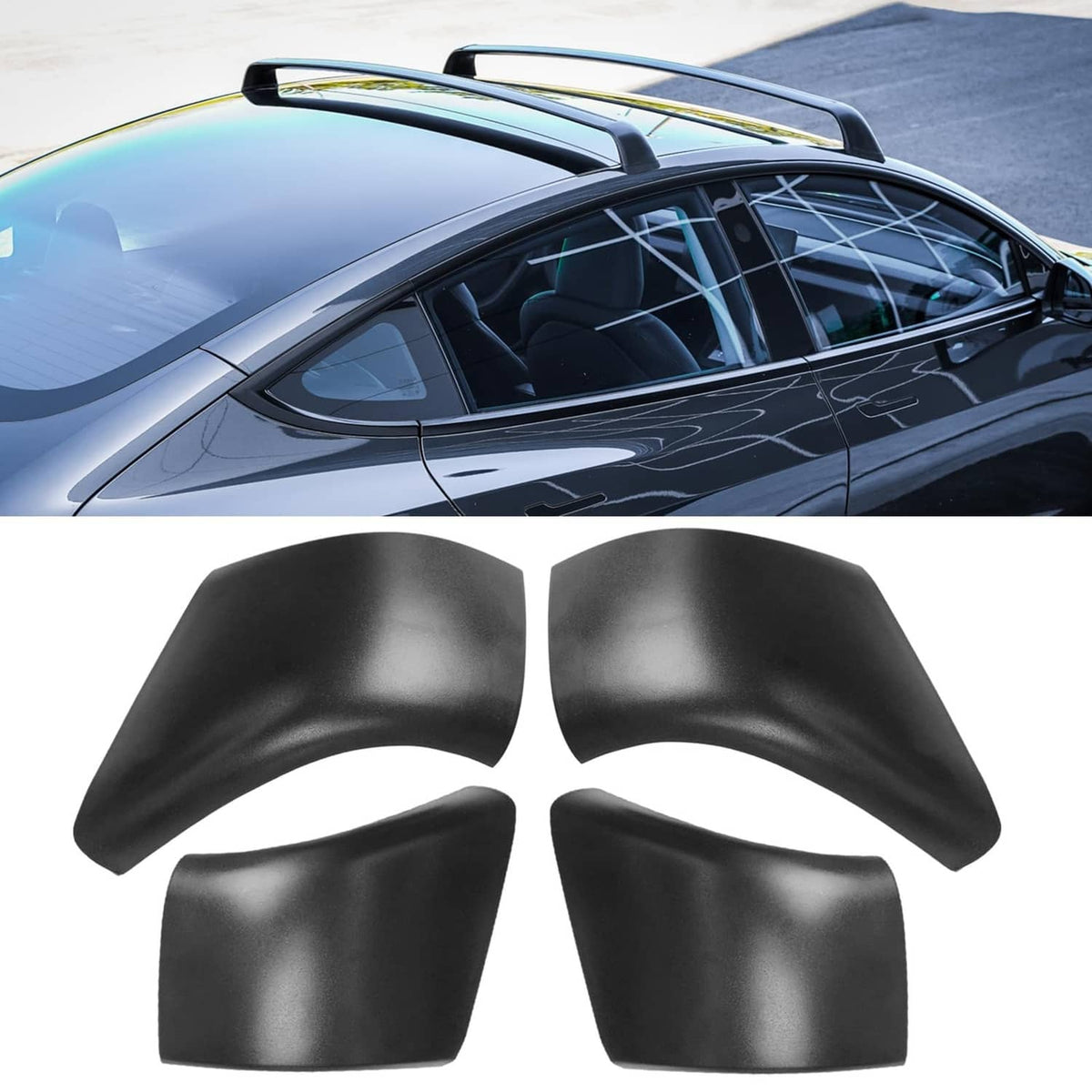 Set of four black roof rack end shell covers, curved matte plastic pieces