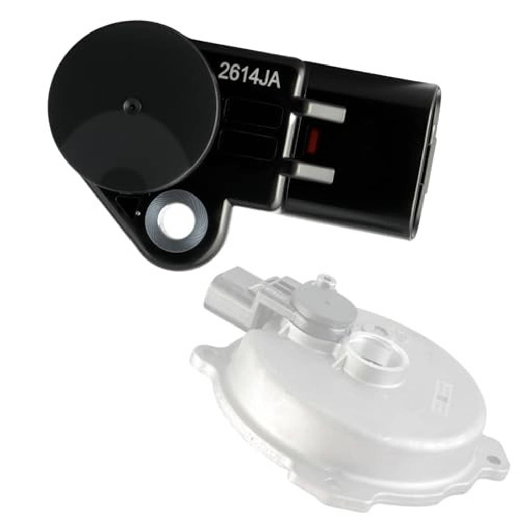 Camshaft position sensor with black housing, gray back plate, and side terminals