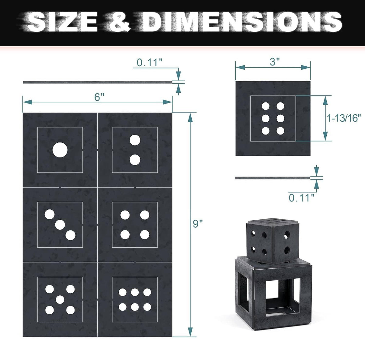 Welding practice plates and cube blocks with circular holes, shown in size diagrams