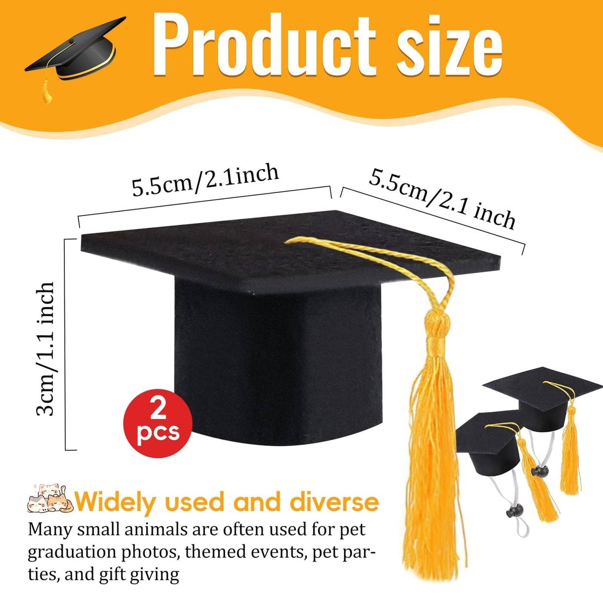 Two black mini graduation caps with yellow tassels and chin straps.