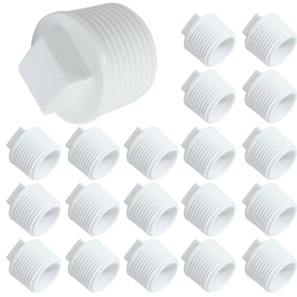 White PVC male threaded pipe end cap plugs, 3/4 inch, one large and 19 small