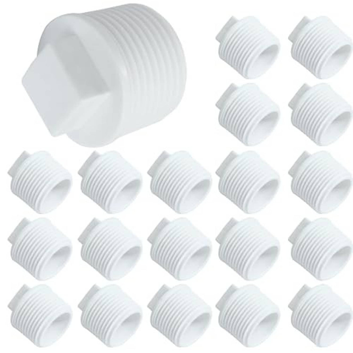White PVC male threaded pipe end cap plugs, 3/4 inch, one large and 19 small