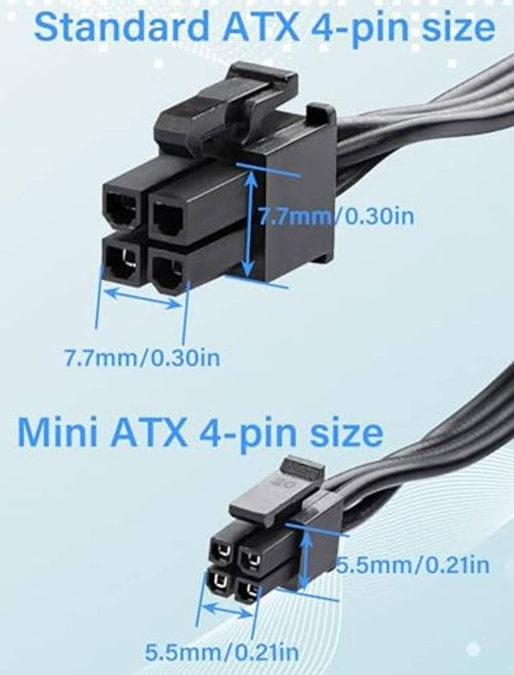 ATX 4-pin and mini ATX 4-pin size connector, showing 7.7 mm and 5.5 mm widths