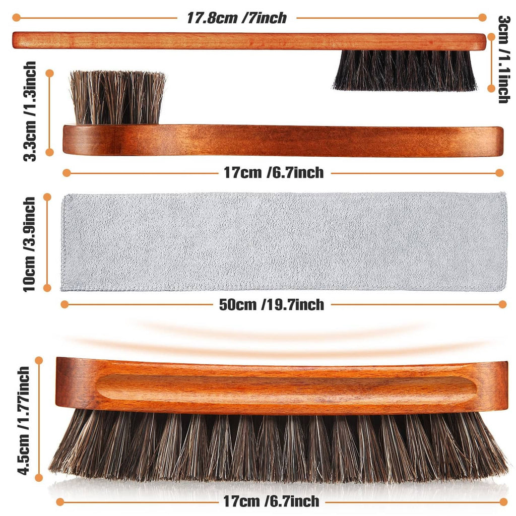 Shoe brush kit with brown horsehair brushes, wooden base, and gray polishing cloth