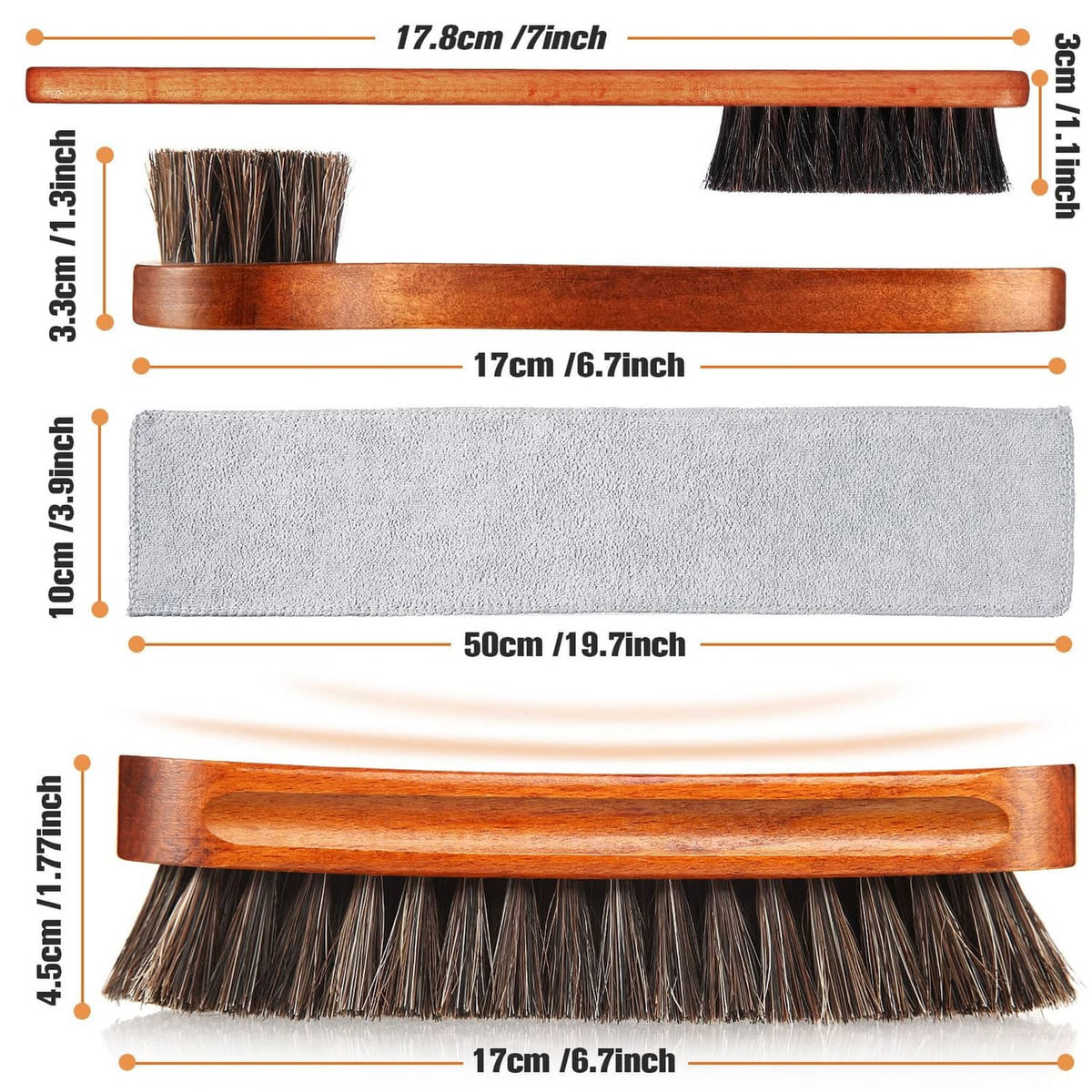 Shoe brush kit with brown horsehair brushes, wooden base, and gray polishing cloth