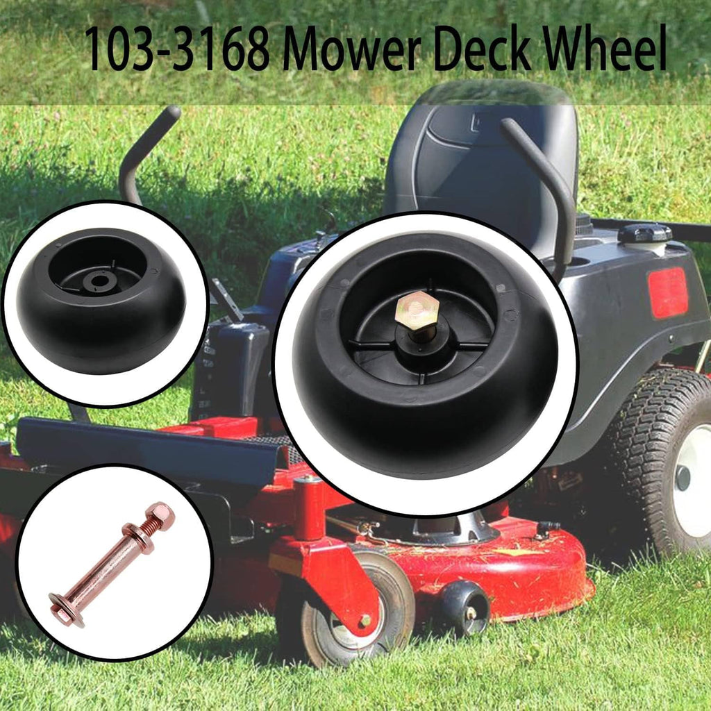 Black mower deck wheels with mounting bolts and screws for grass-skirting decks