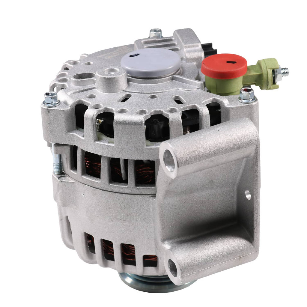 Alternator with side cover and vented grille, silver housing, red cap and green connector