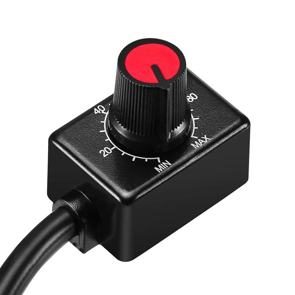Black LED dimmer box with red rotary dial knob, scale marks, and cable connection end