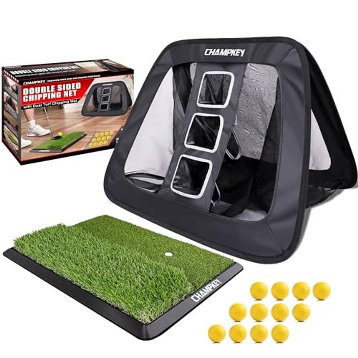 Golf chipping net with CHAMPKEY logo, green turf mat, and yellow foam balls