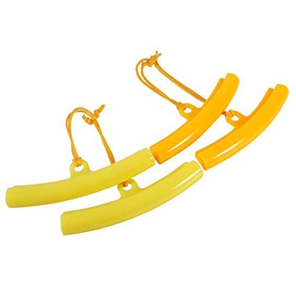 Orange and yellow wheel rim protectors with strap cords and grommets in a pair