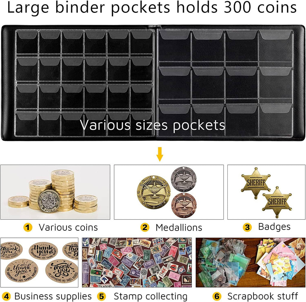 Coin album open view with grid pockets and labeled compartments for various coin types