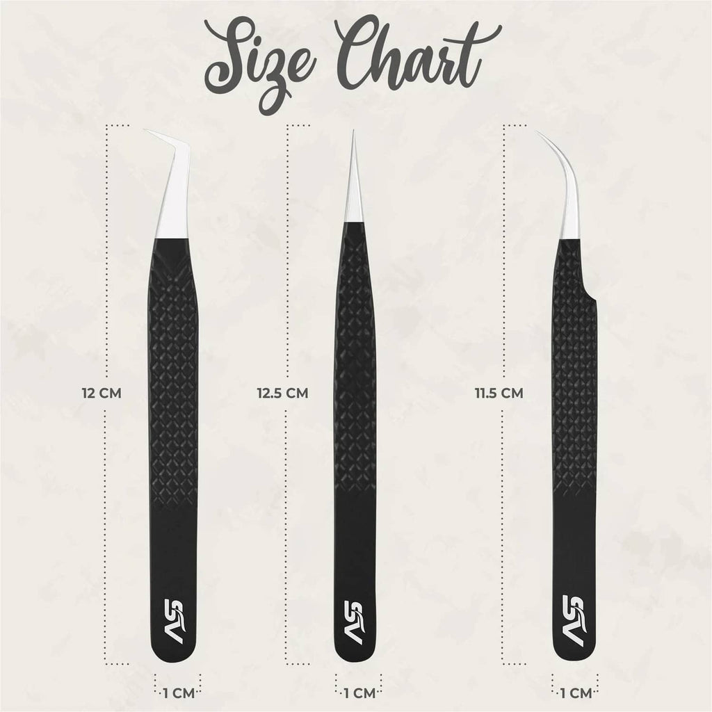 Three black lash extension tweezers with fiber tips shown on a size chart
