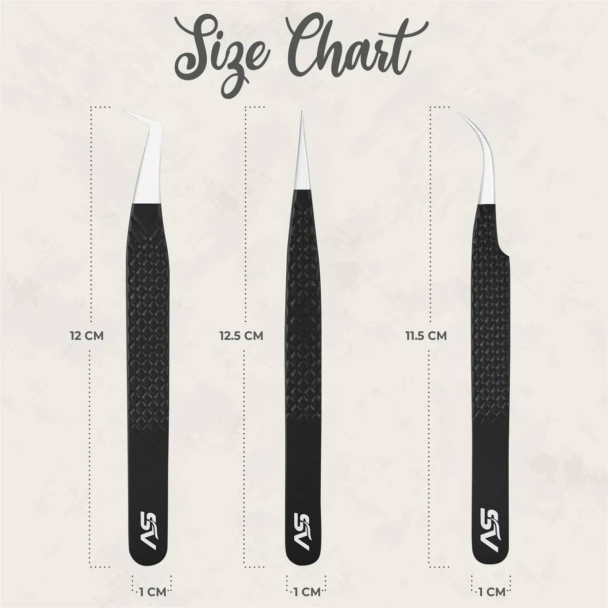 Three black lash extension tweezers with fiber tips shown on a size chart