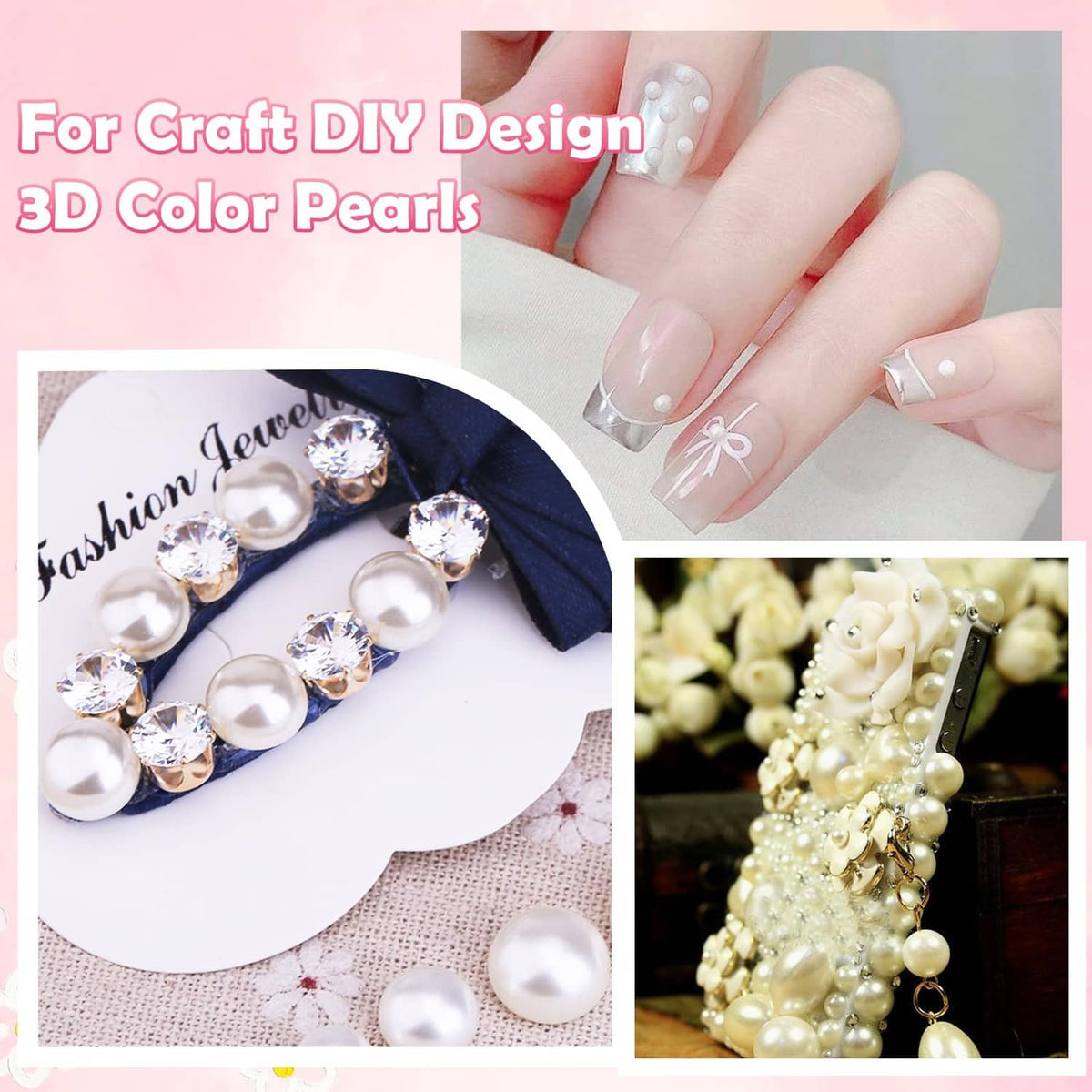 Flatback craft pearls used for DIY 3D designs, with close-up on pearl accents