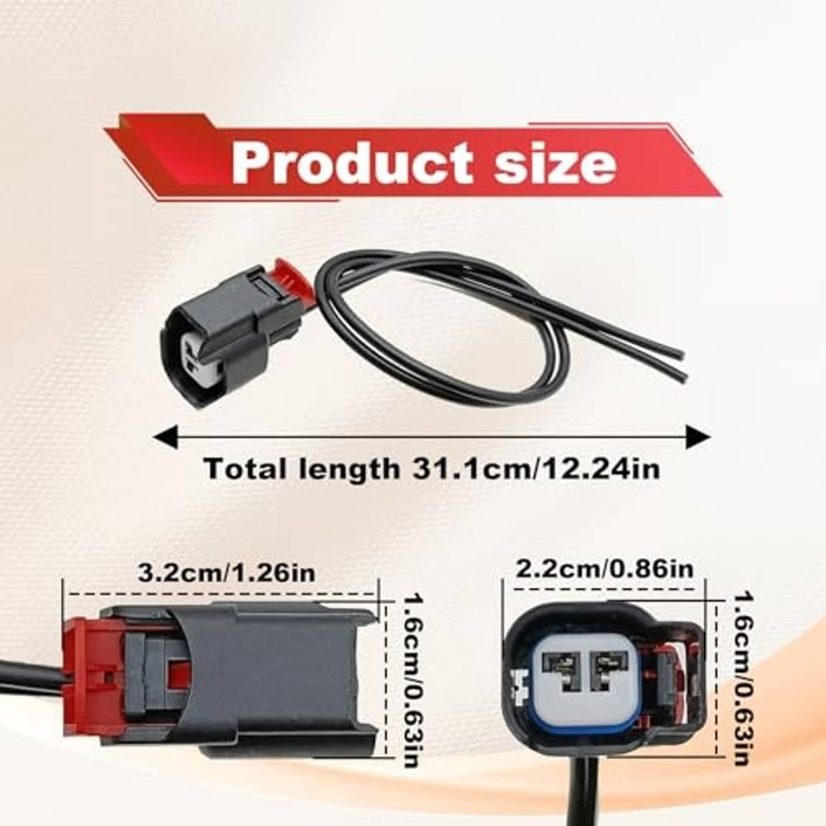 ABS wheel speed sensor connector pigtail with grey housing, red insert, and two-wire leads