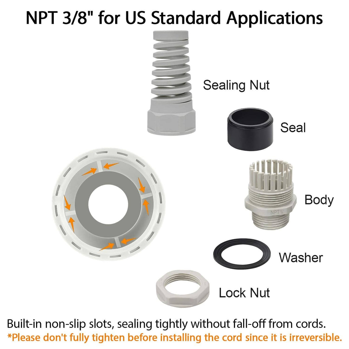 Grey NPT 3/8 cable gland assembly with sealing nut, lock nut, washer, body, seal