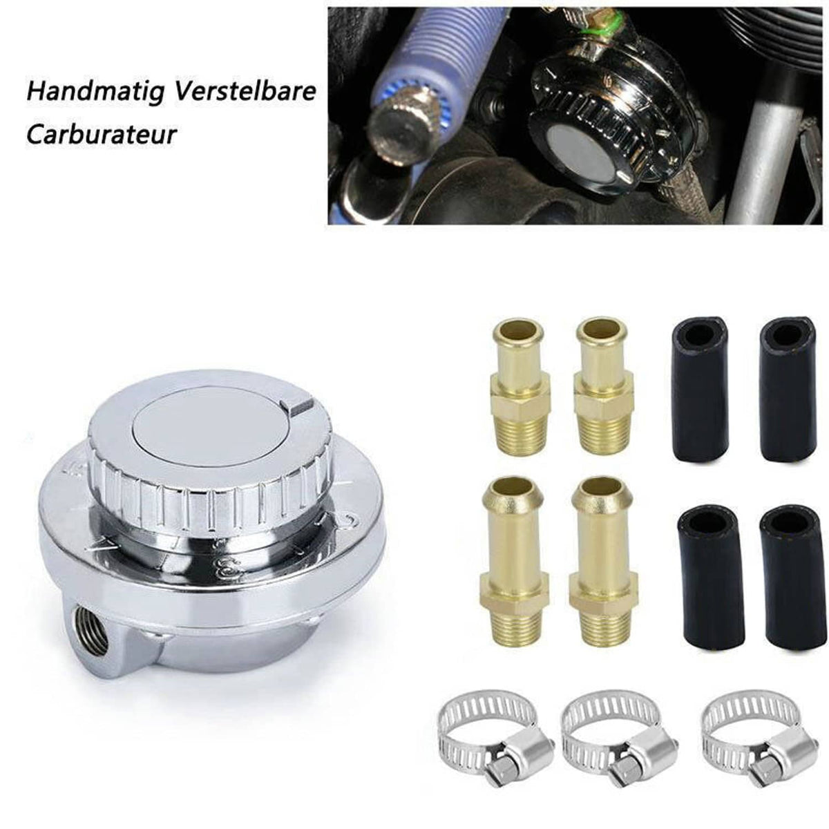 Fuel pressure regulator kit with chrome unit, brass fittings, black hoses, and clamp rings