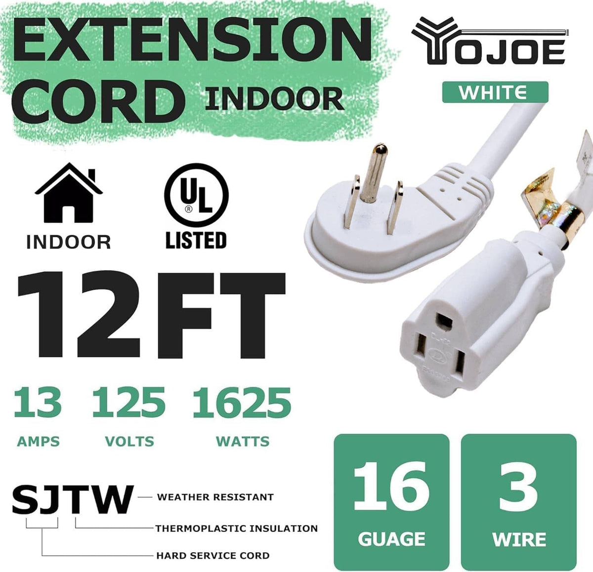 White flat plug extension cord with two-prong and three-prong plug ends.