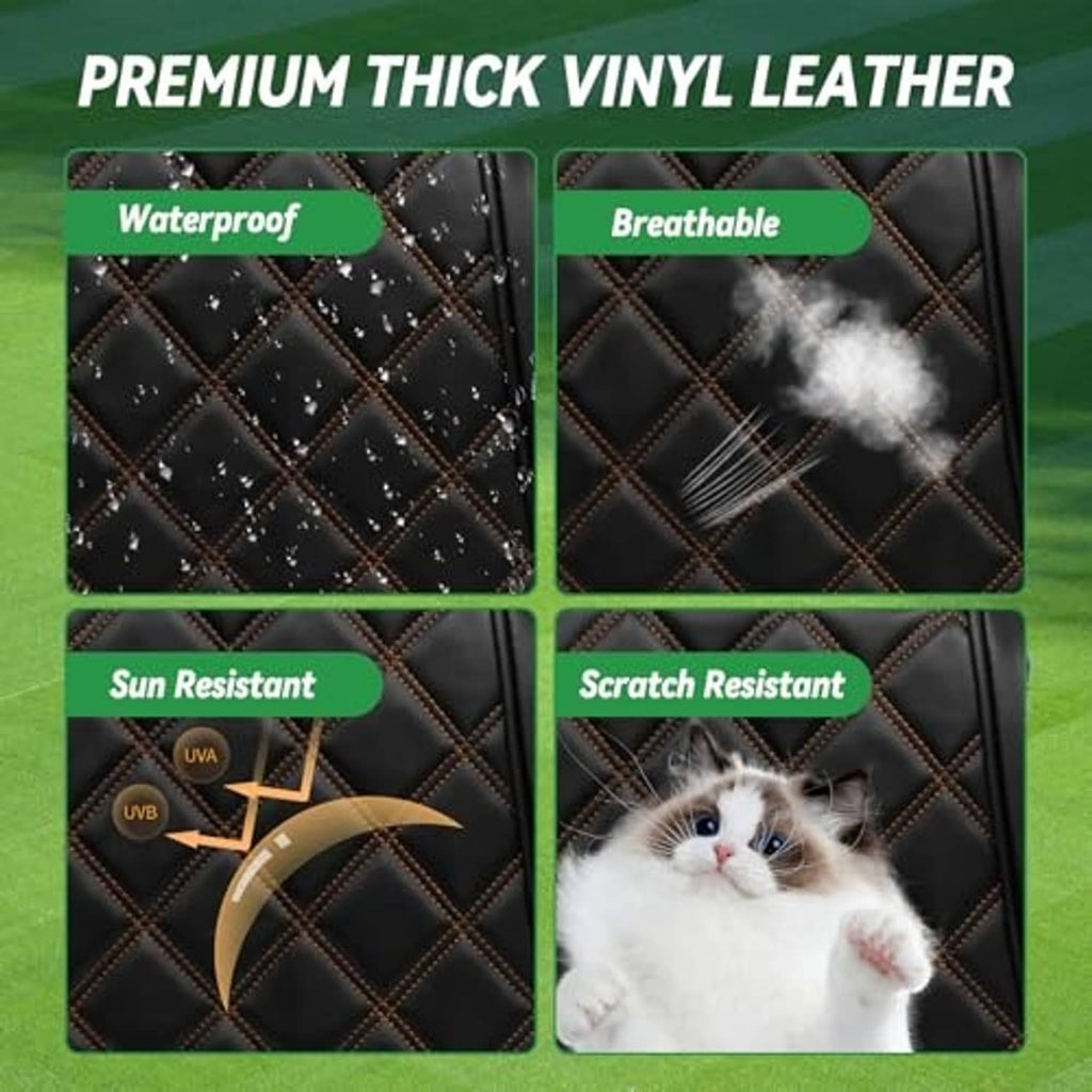 Thick black vinyl leather-look seat cover material with brown diamond quilting and water-splash