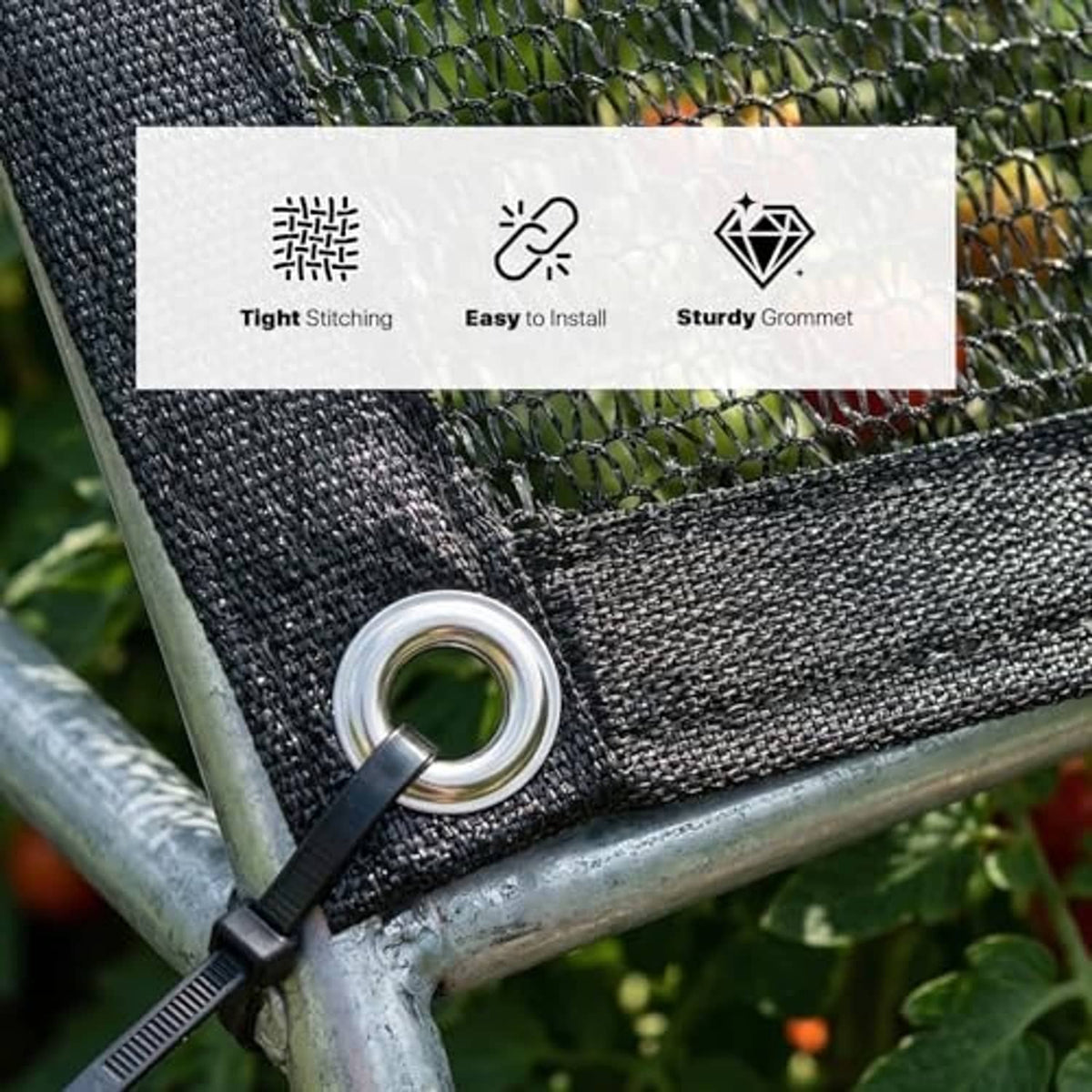 Black mesh shade cloth corner with metal grommet and tie strap