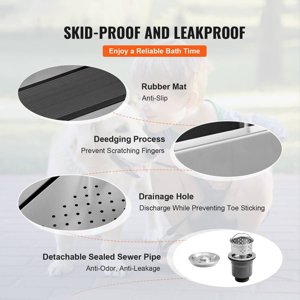 Stainless steel pet bath tub with anti-slip rubber mat and drainage outlet openings