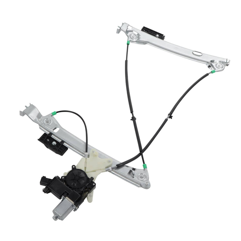 Window regulator with silver crossbar, black motor housing, and black cable harness