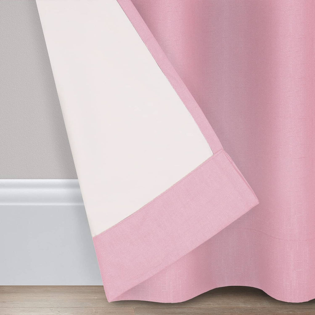 Eclipse blackout curtain hem close-up with pink face fabric and white backing