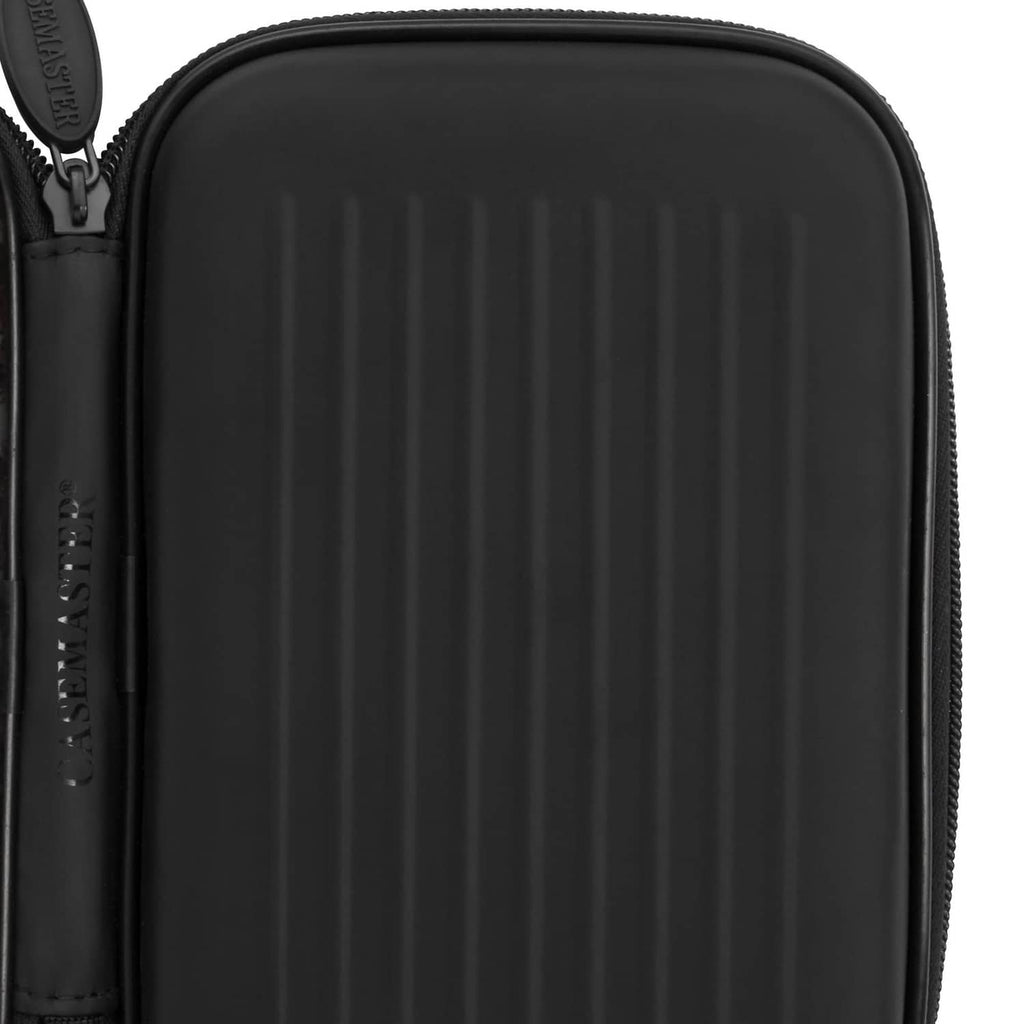 Black hard dart case shell with zip track and textured outer surface.