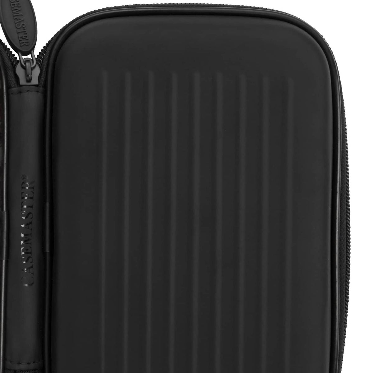 Black hard dart case shell with zip track and textured outer surface.