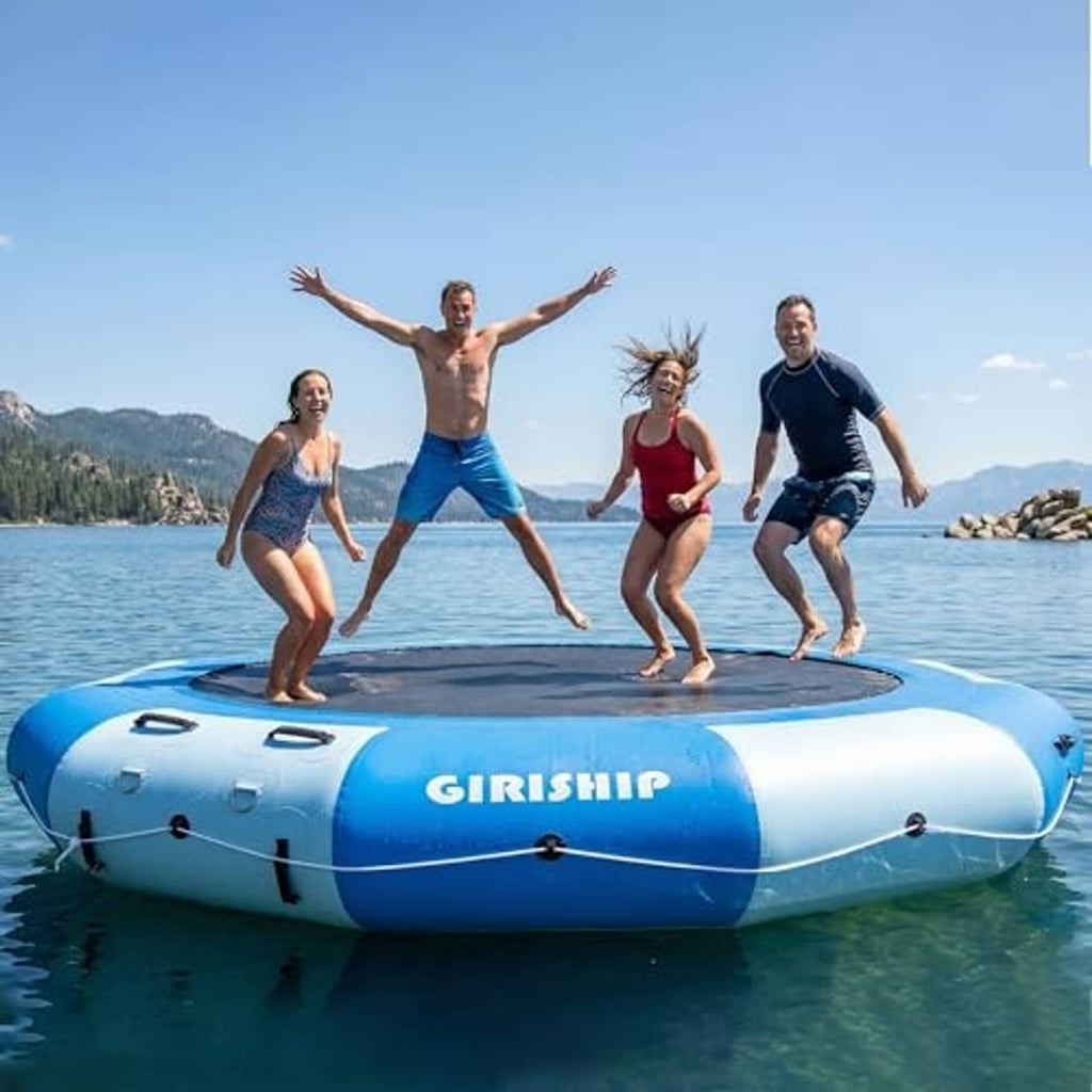 Blue and white inflatable water trampoline raft with black center mat, GIRISHIP branding
