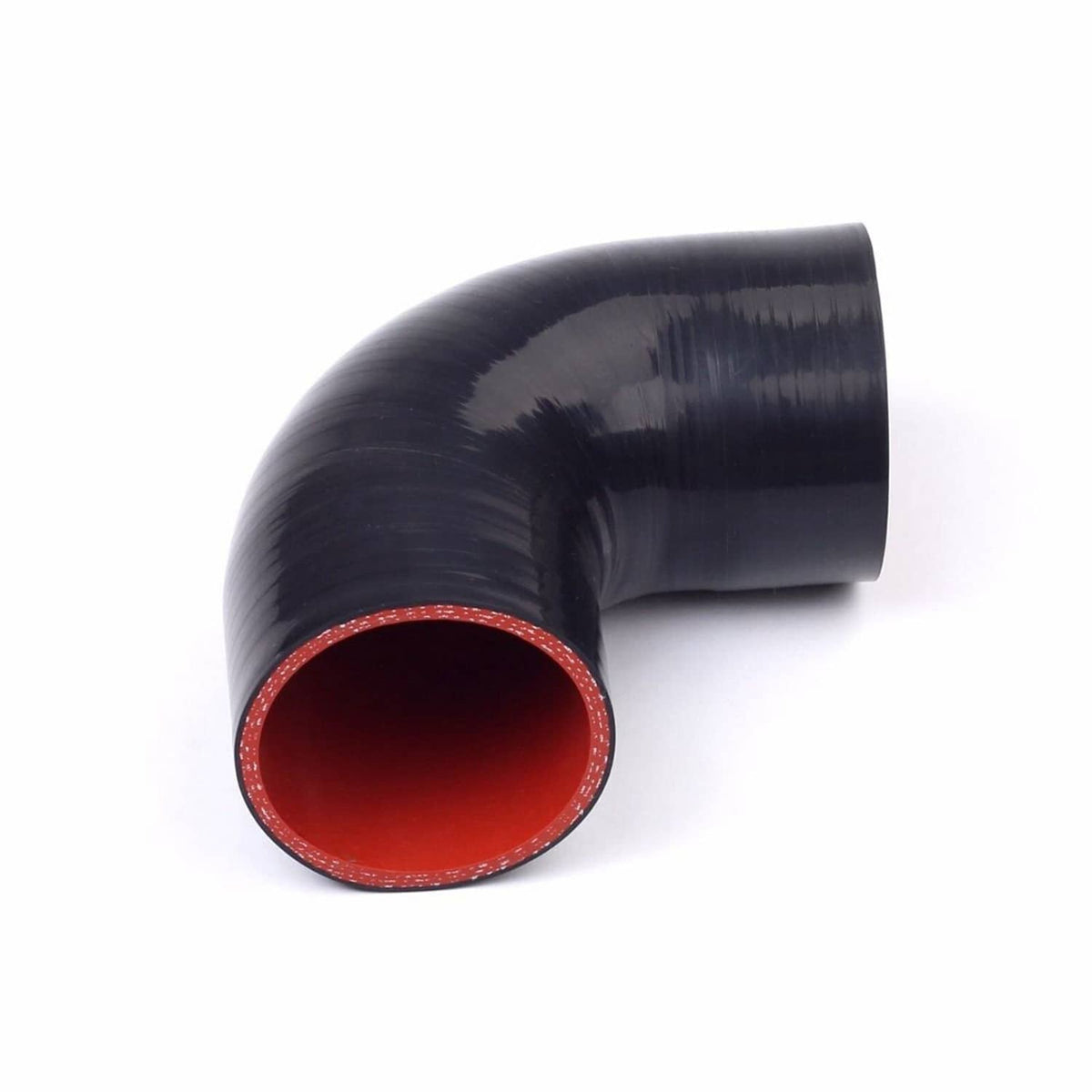 Black 90-degree silicone hose elbow with red inner opening and glossy finish
