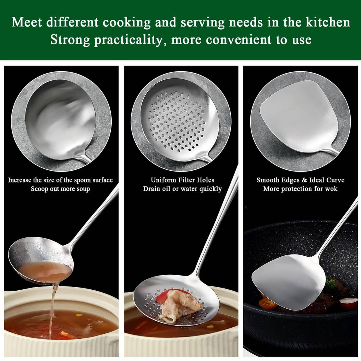 Three stainless steel spoon designs with perforated skimmer and smooth ladle heads