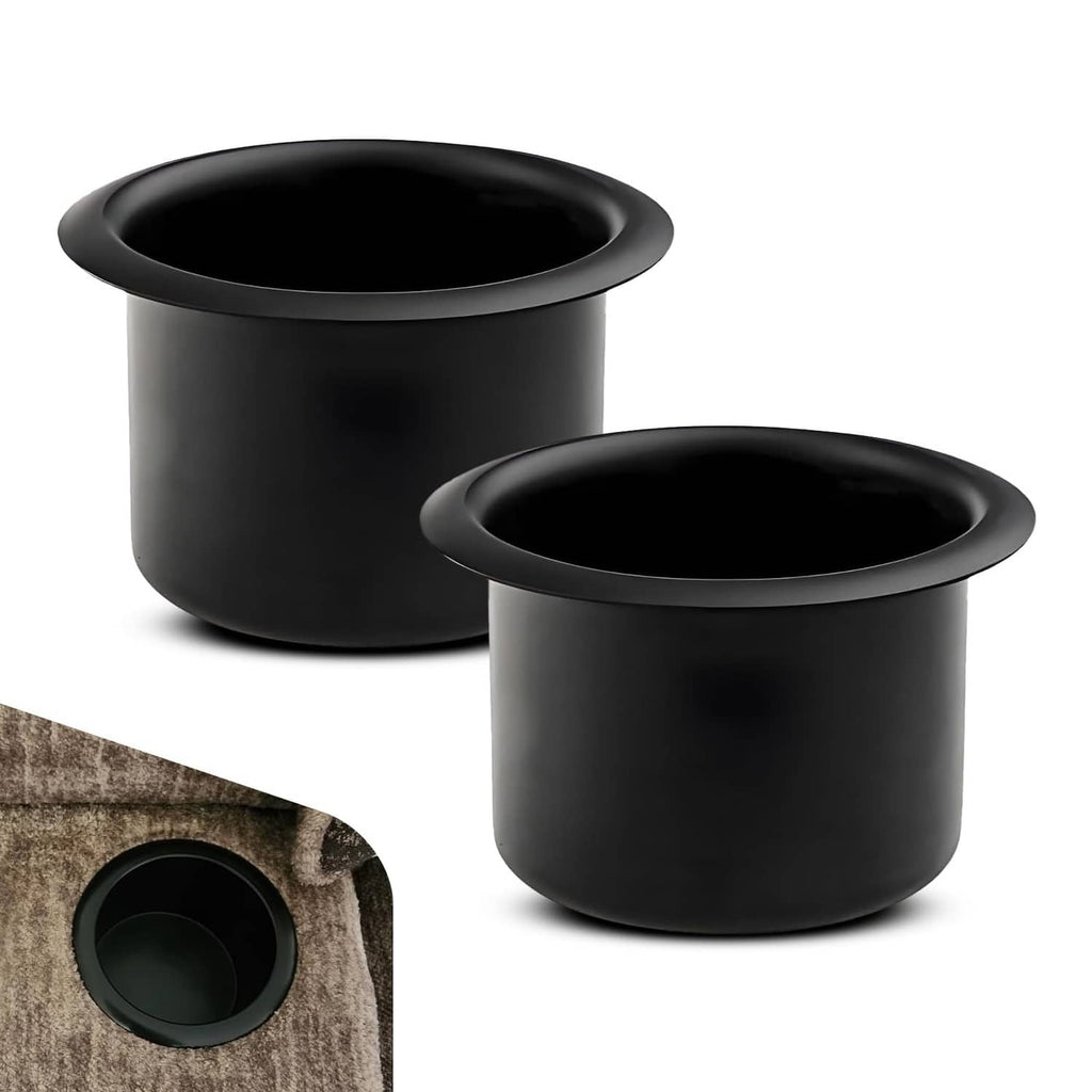 Recessed metal cup holder insert pair, black deep cup liners with rounded rims