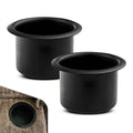 Recessed metal cup holder insert pair, black deep cup liners with rounded rims