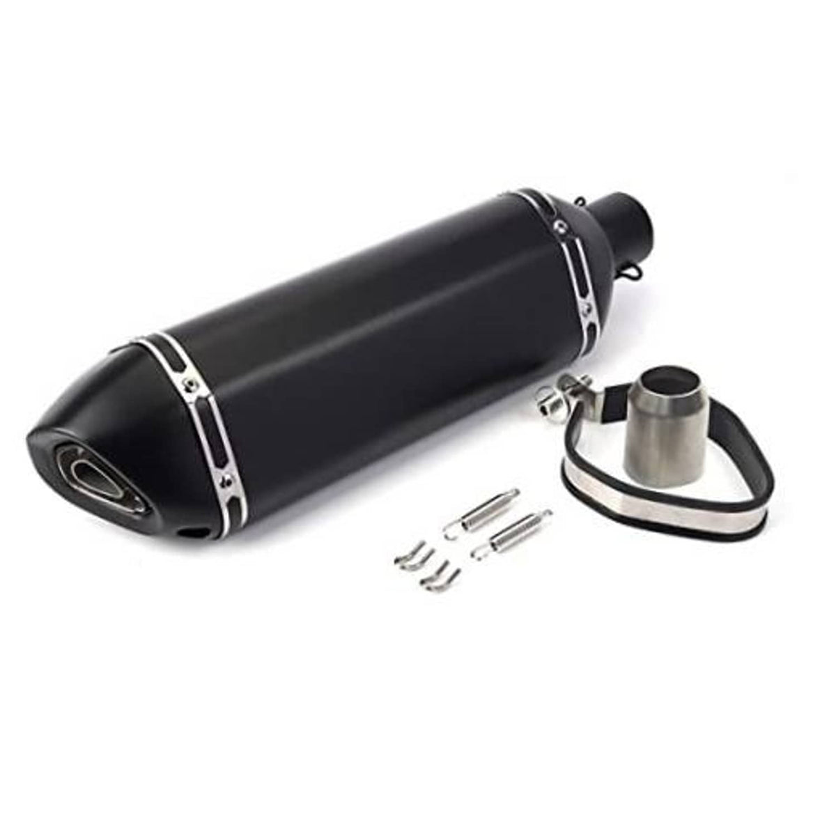 Matte black exhaust muffler with silver clamp bands, end outlet, and included hardware