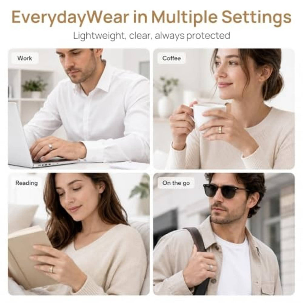 Clear Oura Ring 5 cover shown worn in multiple daily settings, light and protective