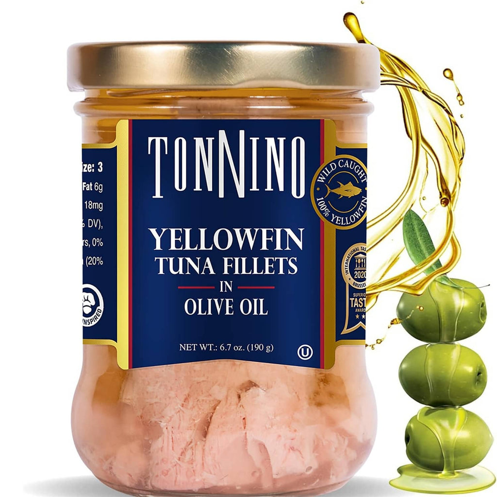 Yellowfin tuna fillets jar in olive oil with Tonnino branding and gold lid