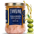Yellowfin tuna fillets jar in olive oil with Tonnino branding and gold lid