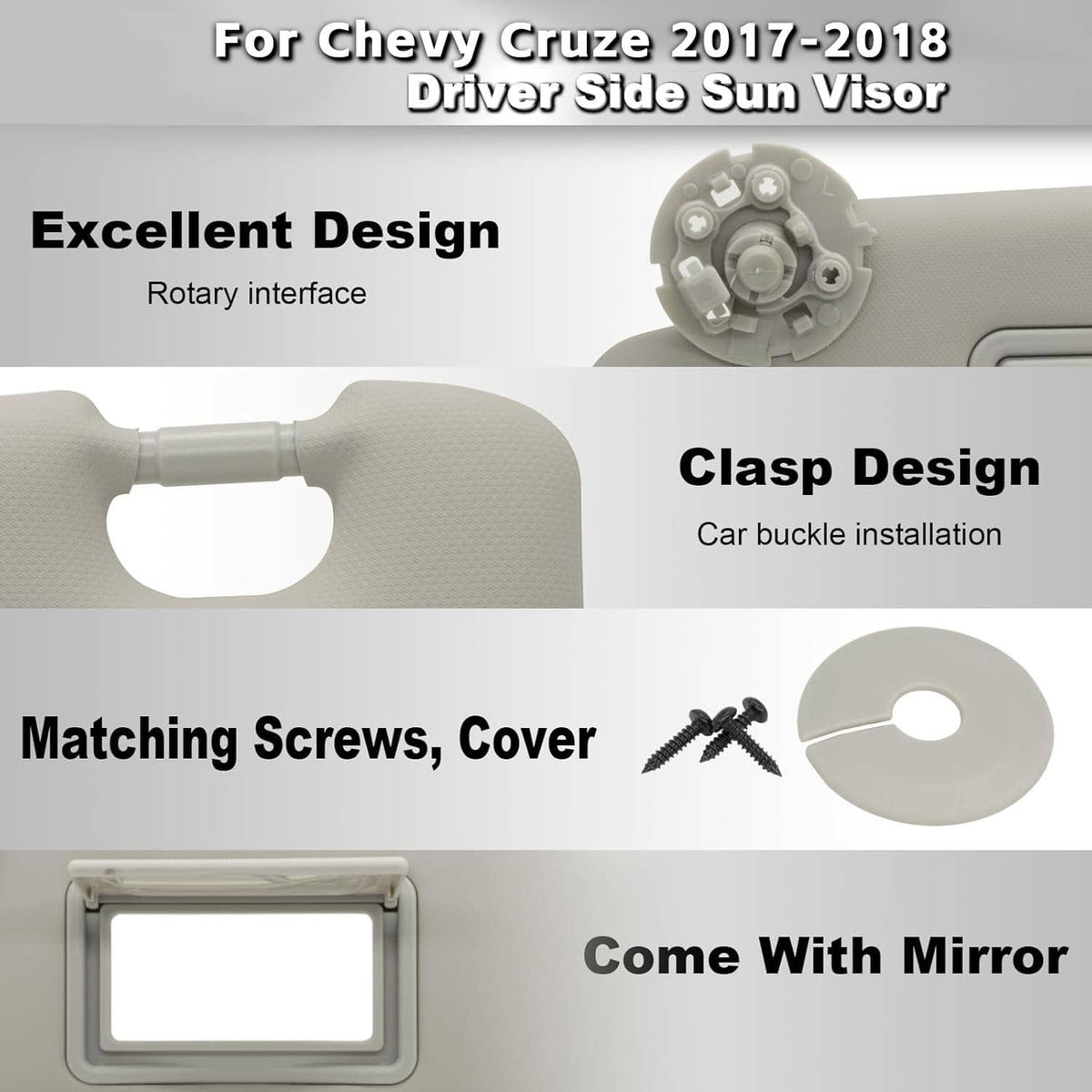 Gray driver-side sun visor with mirror, clasp design, and screw cover included