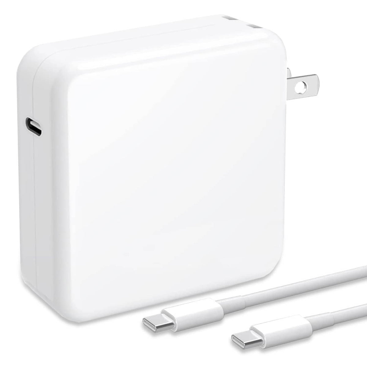 White 100W USB-C power adapter with foldable plug and USB-C charging cable