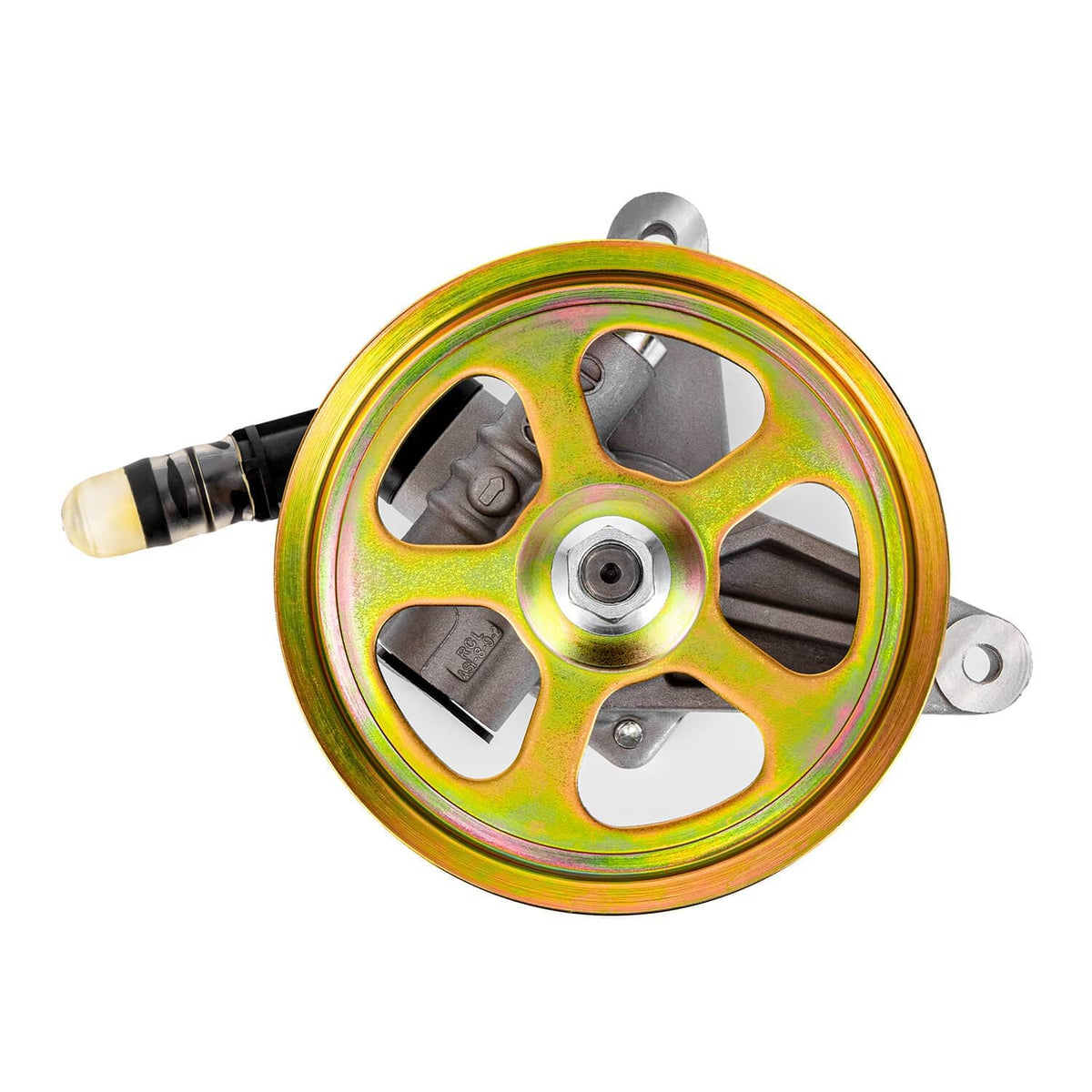 Power steering pump with pulley wheel and inlet hose on silver mounting bracket